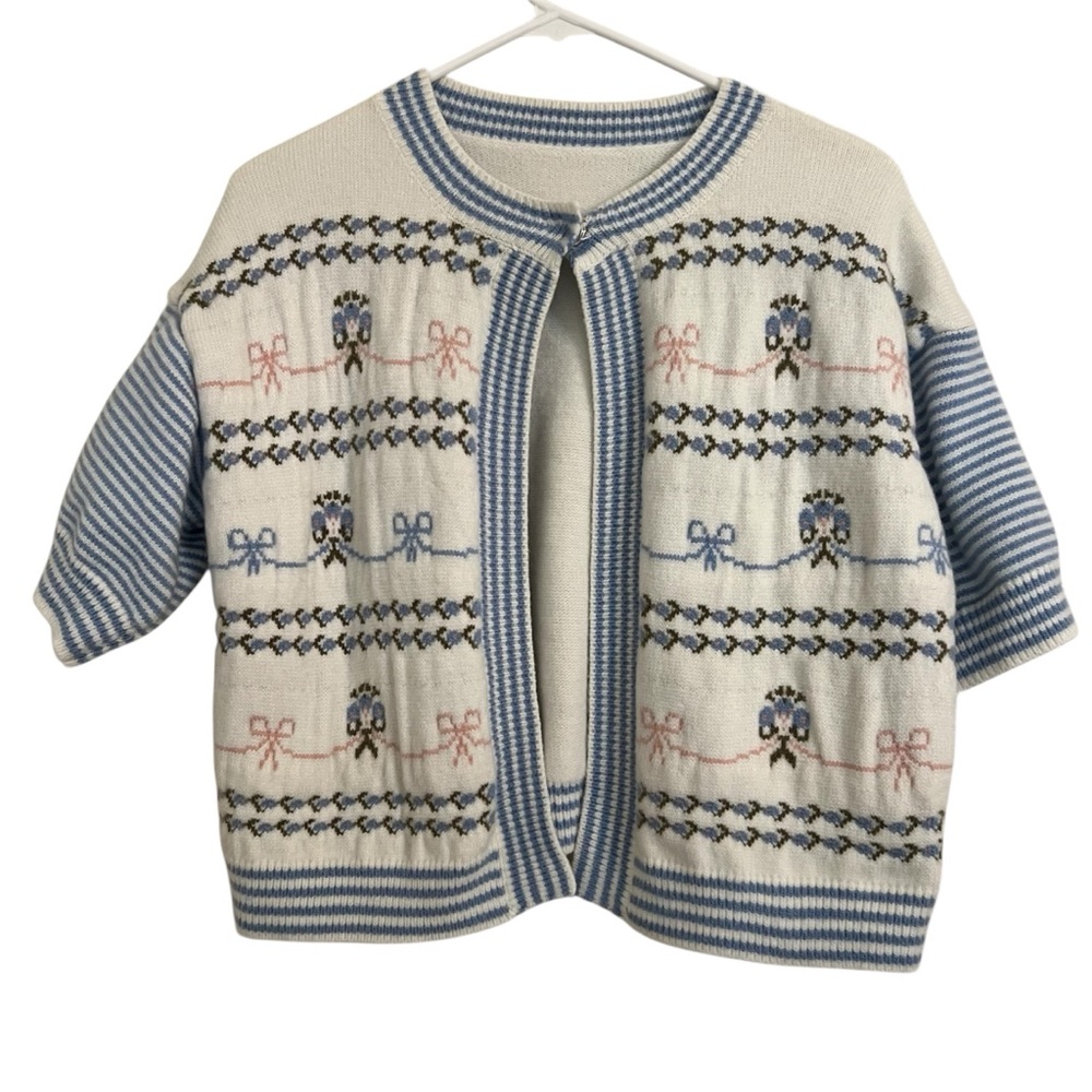 Fancy Cottagecore Knit Cardigan Blue bow White Embroidered Sweater Soft Cozy
